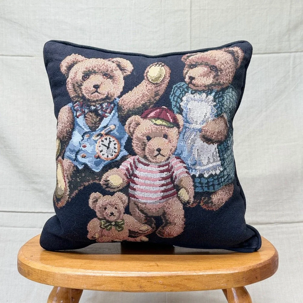 Vintage Teddy Bear Needlepoint Pillow Navy Kids Room Cushion Heritage Cottage